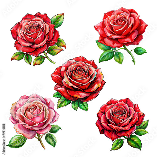 Set of red and pink watercolor rose flower with green leaves on white