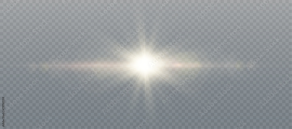 Golden glowing light explodes on a transparent background. with rays and glare. Transparent shining sun, bright flash. Special lens flare effect.