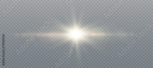 Golden glowing light explodes on a transparent background. with rays and glare. Transparent shining sun, bright flash. Special lens flare effect.