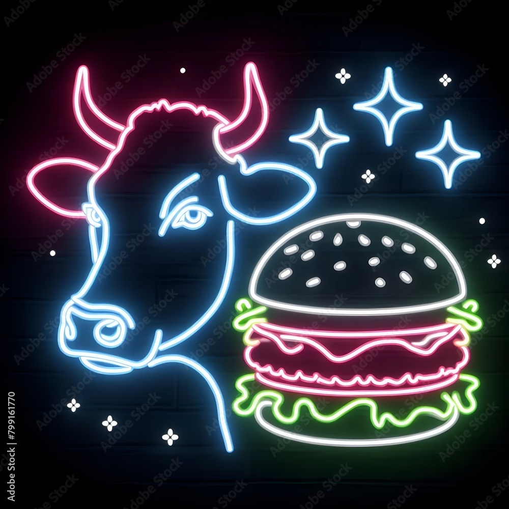 Fototapeta premium Neon cow beefburger background