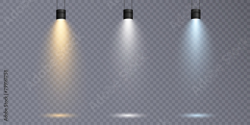 Vector spotlight source, studio stage lighting, png effect. Spotlight. Rays of light, light effect. 10 EPS