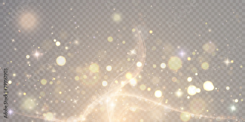 Gold glitter and sequins on a transparent PNG background. Gold lines on shiny light vector illustration. Bright dust sparkles for decoration of Christmas or holiday card.