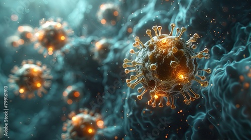 The virus is surrounded by a blue and green background. The virus is yellow and orange, and it has a spiky appearance. photo