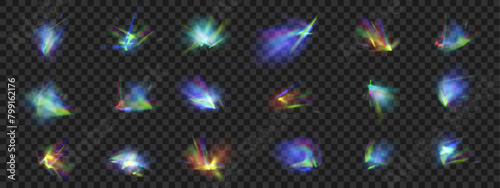 Rainbow light rays, lens flare, reflection effect from crystal, glass or gem. Vector realistic illustration set of light leak effect with spectrum glare, prism refraction, lens flare	
