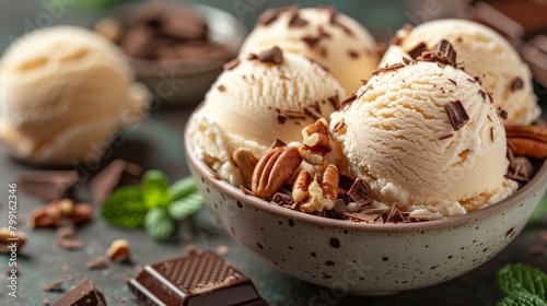 A background of food. Scoops of ice cream with nuts and chocolate photo