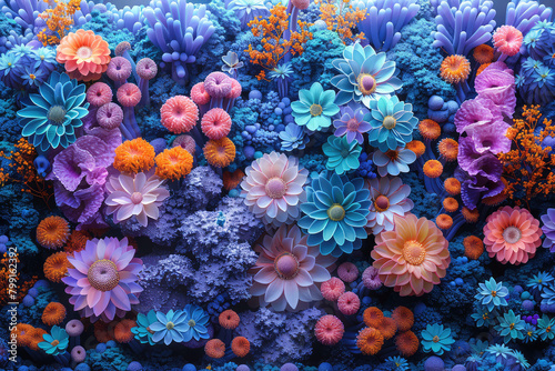 Wall of flowers  sea anemones and corals  bright blue purple orange and teal colours. Created with Ai