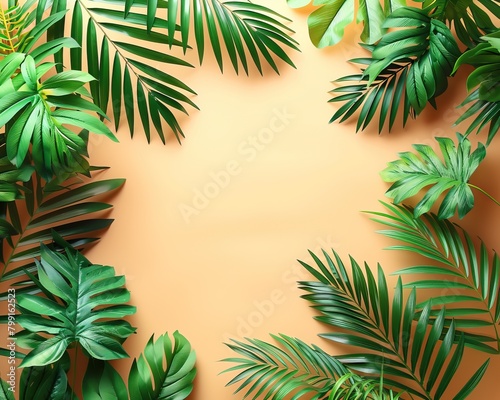 Close-up of lush green tropical leaves on a solid pastel orange background.
