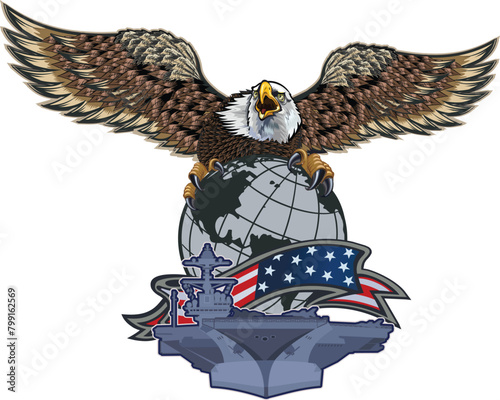 American eagle with war ship and Globe