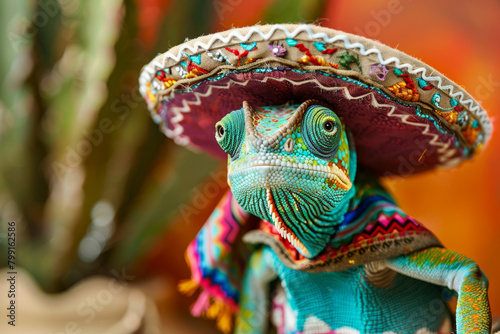 a cute chameleon portrait dressed in mexican sombrero hat and clothing. Cinco de Mayo celebration © ink drop