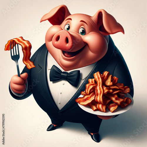 Smiling pig in a suit holding bacon