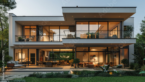  Modern two-story villa with large glass windows, high-end interior decoration and exterior walls made of dark gray aluminum foil. Created with Ai