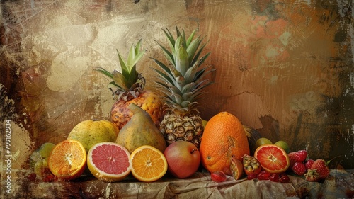 Artistic composition of tropical fruits with a textured backdrop.