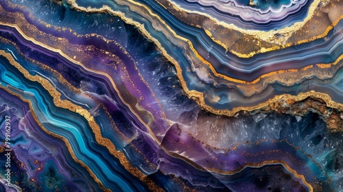 A dynamic agate slice design featuring layers of rich golds deep purples and bright blues..