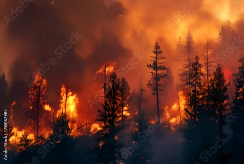 Catastrophic forest fires create a fiery spectacle, with trees engulfed in flames and the sky painted with smoke
 photo