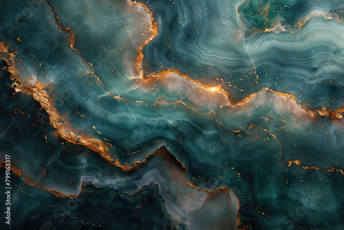Top down view of dark teal and gold marble pattern. Created with Ai