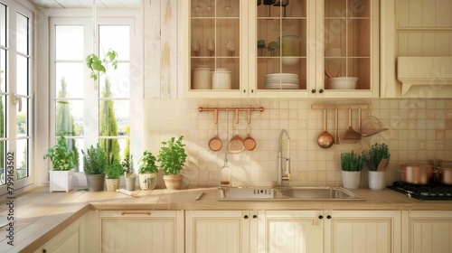 Sunny kitchen interior with plants and minimalistic wooden design