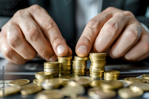 Hands with coins on a table, a businessman making a stack from gold coins for budget planning or saving money, investment planning and diversify portfolio