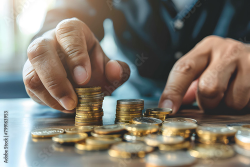 Hands with coins on a table, a businessman making a stack from gold coins for budget planning or saving money, investment planning and diversify portfolio
