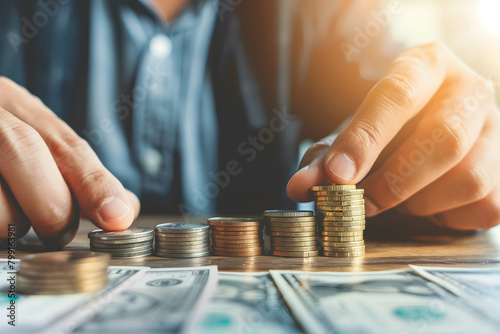 Hands with coins on a table, a businessman making a stack from gold coins for budget planning or saving money, investment planning and diversify portfolio