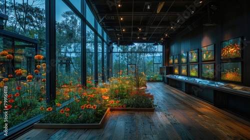 Inside the 'Torre Madariaga' multimedia biodiversity showroom, with pictures of flowers and animals, and no people inside in Urdaibai, Spain photo