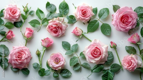 Pink rose heads on white background. Roses and leaves scattered on a table  overhead view wallpaper. Top view of flowers in flat lay.