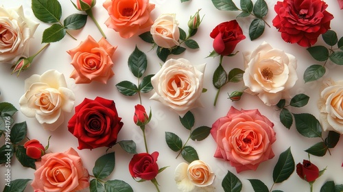 Various rose heads on white background. Flowers and leaves scattered on a table, overhead view wallpaper. Top view, flat lay.