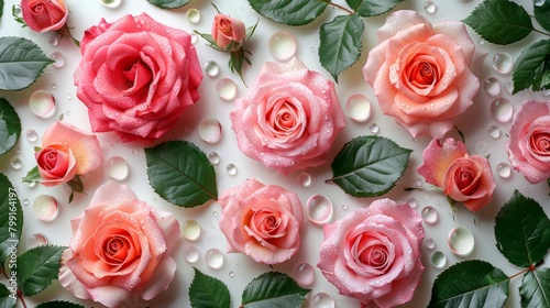 A flat lay of pink rose heads on a white background. Roses and leaves scattered on a table. Overhead view.