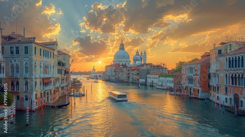 Venetian landscape with historic architecture among Grand Canal near The Basilica Santa Maria Della Salute. Gold sunset light. photo
