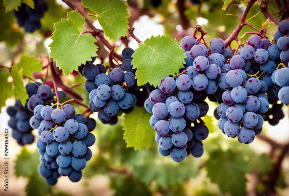 A vintage-style illustration of a grapevine with clusters of grapes in varied hues. AI generated.