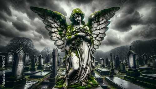 a cracked stone angel statue in a desolate graveyard, with moss growing over the wings, under a dreary, cloud-filled sky