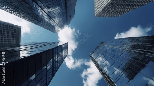 Perspective and underside angle view of modern glass skyscrapers of the building against the blue bright clear sky. High quality photo