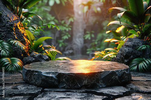 A stone podium surrounded by lush greenery and exotic plants, set against the backdrop of an enchanted rainforest with misty air and a hint of mystery. Created with Ai photo