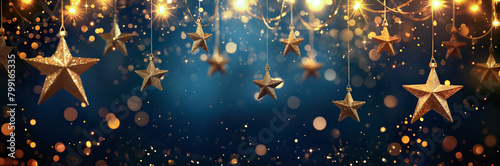 Glittering Holiday Stars Against a Festive Blue Background with Golden Bokeh Lights photo