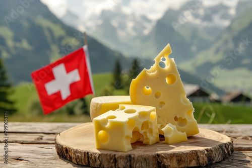 Wallpaper Mural Table with board of various regional Swiss cheese and flag of Switzerland on the backdrop of Swiss mountain landscape. Delicious looking cheeses on a wooden table Torontodigital.ca