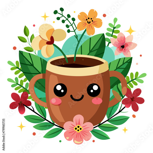 Steaming cup of Hawaiian coffee nestled amidst a vibrant coffee plant wave, with delicate spring flowers dancing in the breeze