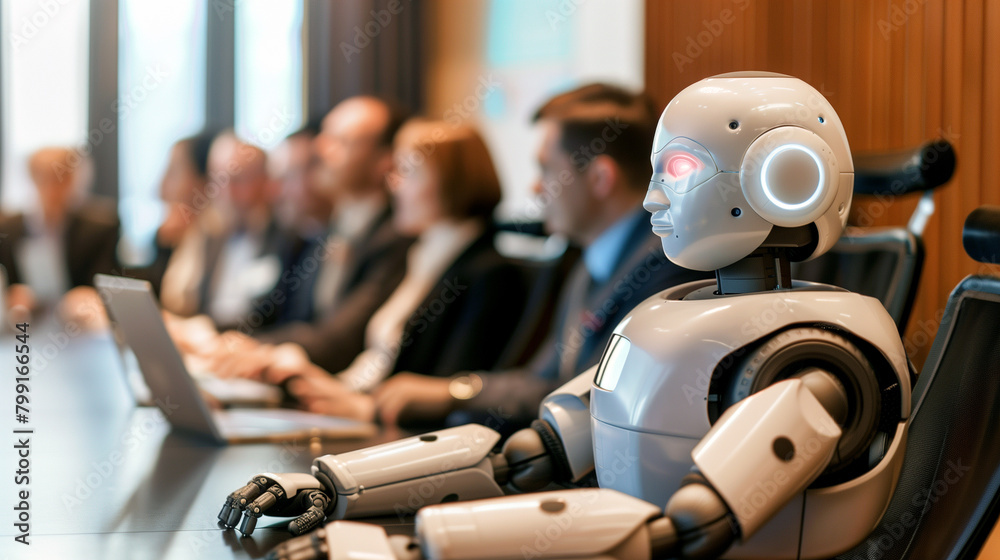Shallow focus on robot is talking in meeting room with human as foreground and background. Concept of collaboration between artificial intelligence and humans Shallow focus on robot is talking in meeting room with human as foreground and background. Concept of collaboration between artificial intelligence and humans