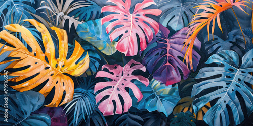 Vibrant Tropical Plant Painting featuring Blue, Orange and Yellow Leaves on a Black Background photo