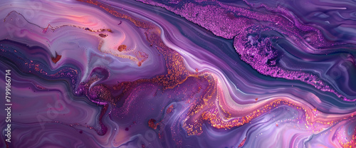 Luminous amethyst marble ink meanders gracefully over a radiant abstract canvas, adorned with radiant glitters in hues of purple and lavender.
