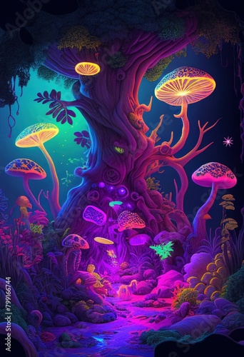 Fantasy of neon forest glowing colorful like fairytale.