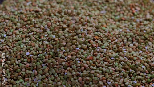 Green buckwheat grains are poured onto a pile of buckwheat