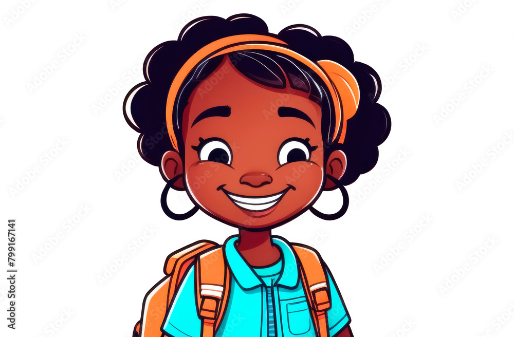 Joyful, happy schoolgirl with a briefcase on her shoulders. Isolation on a transparent background.