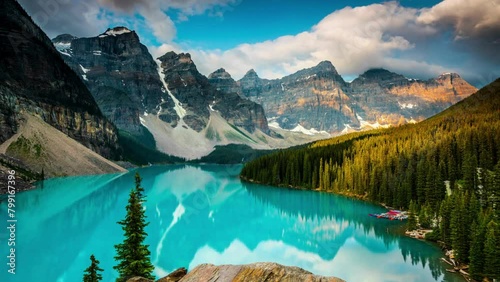 Golden Hour Magic: Time-Lapse Sunset Over Ten Peaks at Moraine Lake, Banff National Park, Alberta, Canada - Captured in Exquisite 4K Video photo