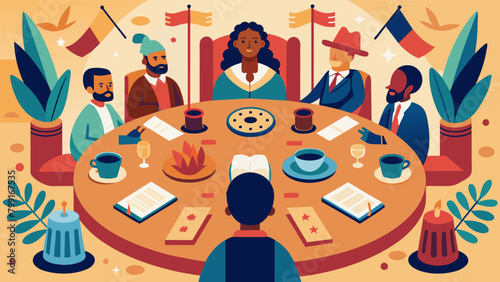 The roundtable setting adorned with images and artifacts from the time of emancipation creating a powerful backdrop for the discussion.. Vector illustration