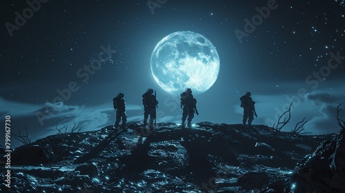 Craft a captivating design featuring an expeditionary team under a bright moons light in a panoramic night view Highlight the mercenaries with sharp details resembling a digital CG 3D art style photo