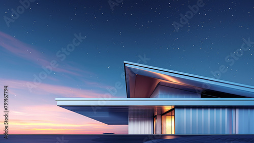 Late evening perspective of a metallic silver craftsman cottage with an angular futuristic roof, the sky darkening to night,  photo