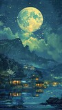 Produce a mesmerizing traditional art piece portraying a quest at night under the radiant moonlight Capture the serene beauty of the scene with a clear and detailed rendering