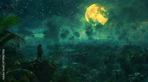 Paint a vibrant scene of an Explorer traversing a lush, birdseye view jungle under a starry night sky, the moon casting mystical shadows