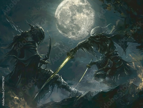 Capture the duelists in a highangle view under the moons luminous glow, emphasizing their anticipation and intensity Utilize digital techniques for crisp details that evoke excitement photo