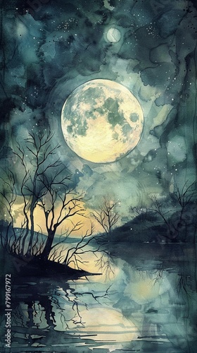 Illustrate a wanderers courage through a watercolor masterpiece  set against a moonlit night  capturing the serene beauty and stillness under the gleaming moons light