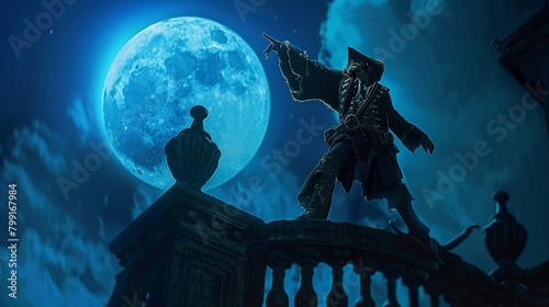 Capture the essence of a fearless Swashbuckler in a nighttime scene bathed in the moons luminous glow Show intricate details and use contrasting shades to bring out the characters daring spirit photo